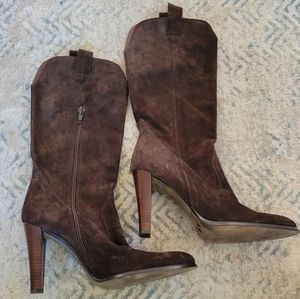 LAUNDRY by Shelli Segal brown suede, calf high heeled boots, sz 9, never worn